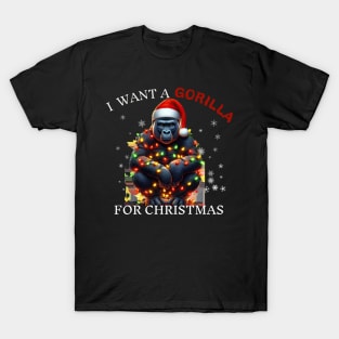 I Want a Gorilla For Christmas Wearing Santa Hat Christmas T-Shirt